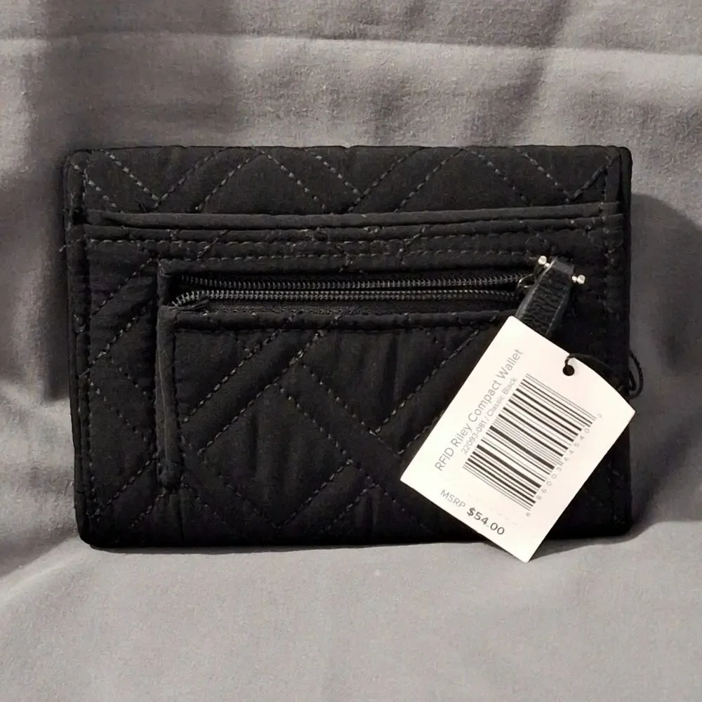 NWT Vera Bradley RFID Riley Compact Wallet - Classic Black (Leaf Interior) - Picture 2 of 8